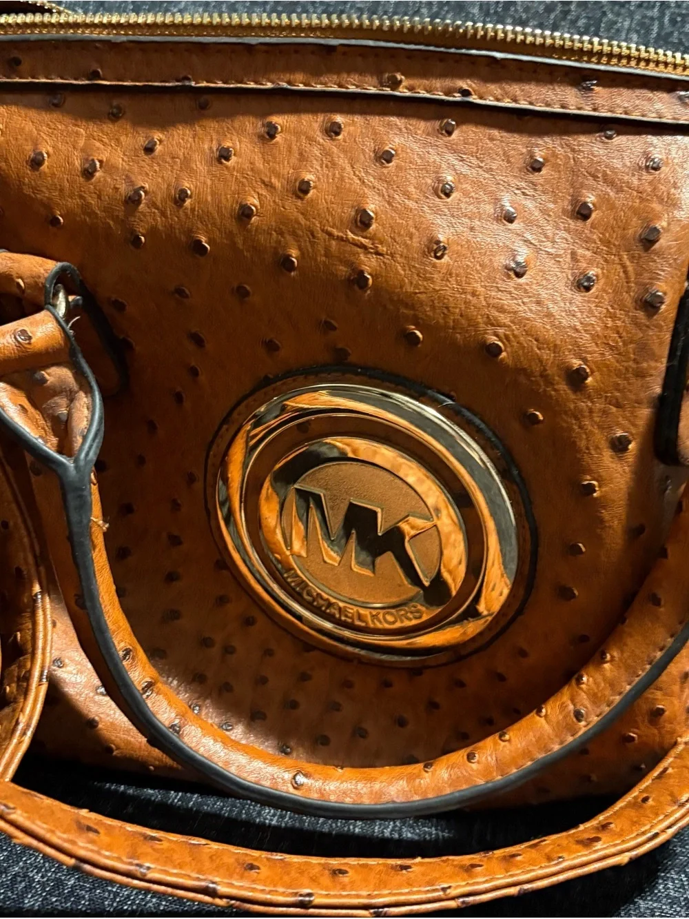 Michael Kors Cognac Ostrich-Embossed Leather Satchel with Gold Logo